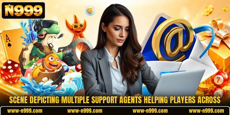 Scene depicting multiple support agents helping players across